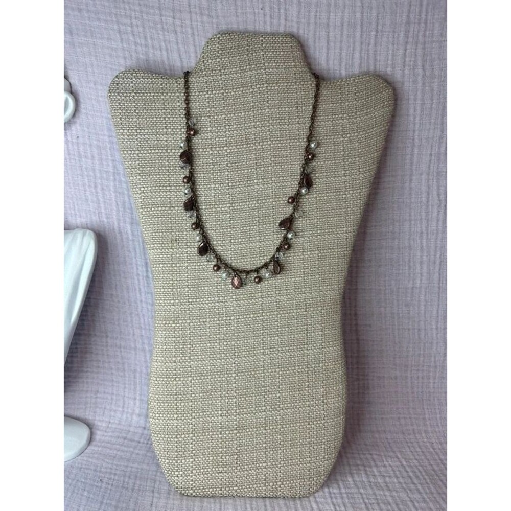 Vintage Faux Pearl & Bronze Charm Station Necklace